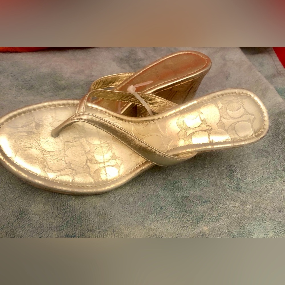 Gold Coach thong cork wedge sandals